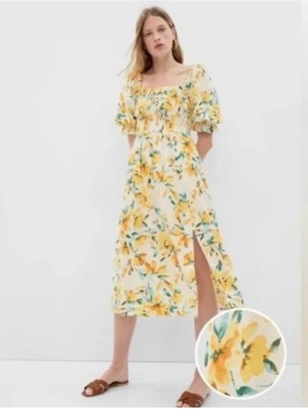 Gap Linen Blend Puff Sleeve Floral Midi Dress Sundress Cottagecore Small